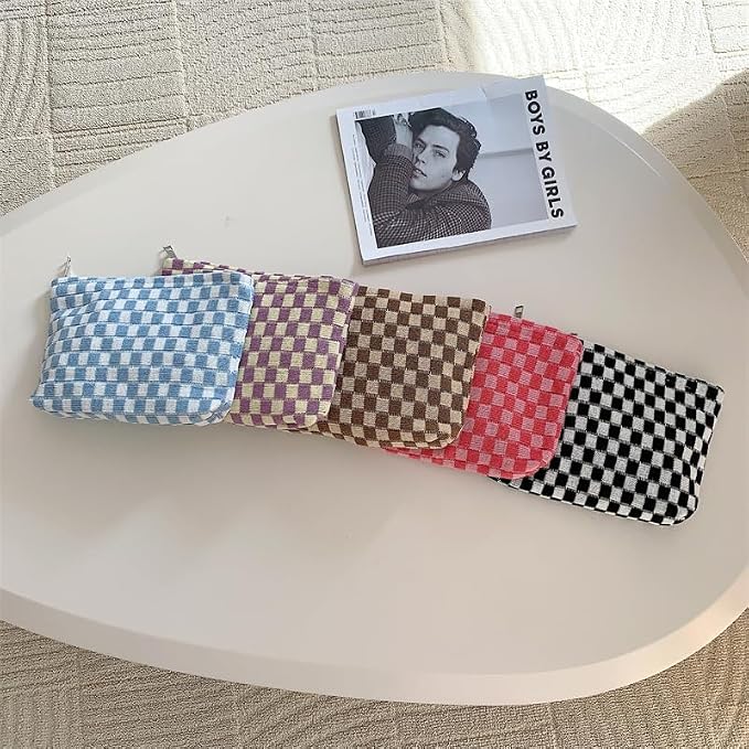 PAZIMIIK Checkered Makeup Bag for Purse, Small Flat Cosmetic Pouch,Purple | Cute Zipper Makeup Organizer for Women, Travel Essentials, Toiletries, Makeup Brushes, Beauty Accessories&Bridesmaid Gifts