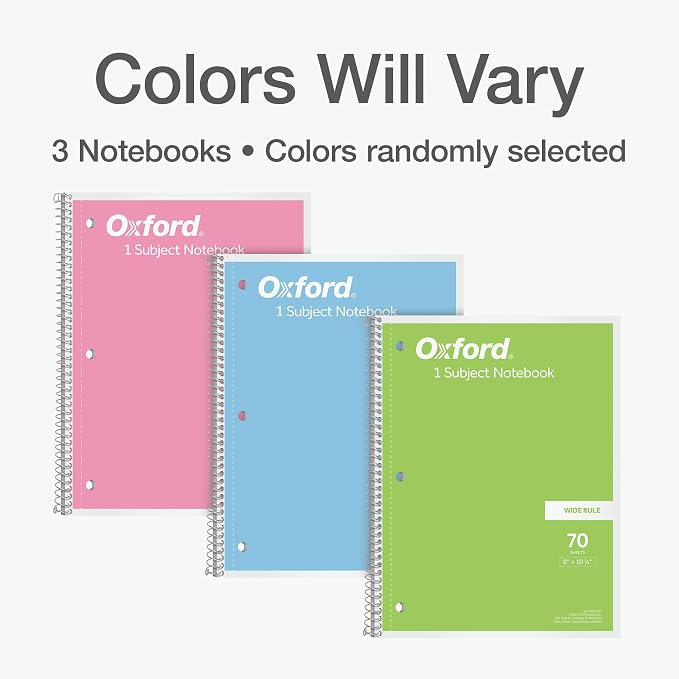 Oxford Spiral Notebooks, 1 Subject, Wide Ruled Notebooks for School, 8 x 10.5 Inches, 70 Sheets, Assorted Pastel Colors, Back to School Supplies (1002541) (Pack of 24)