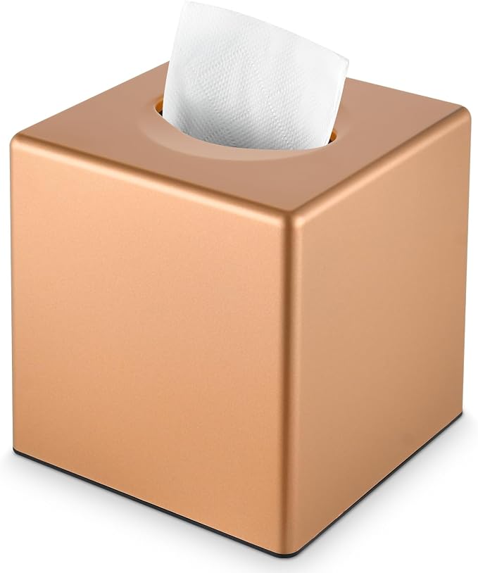 Y-in Hand Tissue Box Cover, Square Facial Cube Tissue Box Holder, Storage Accessories for Bathroom Vanity, Bedroom Countertops, Dressers, Night Stand, Parlors and Offices - Camel Rose Gold