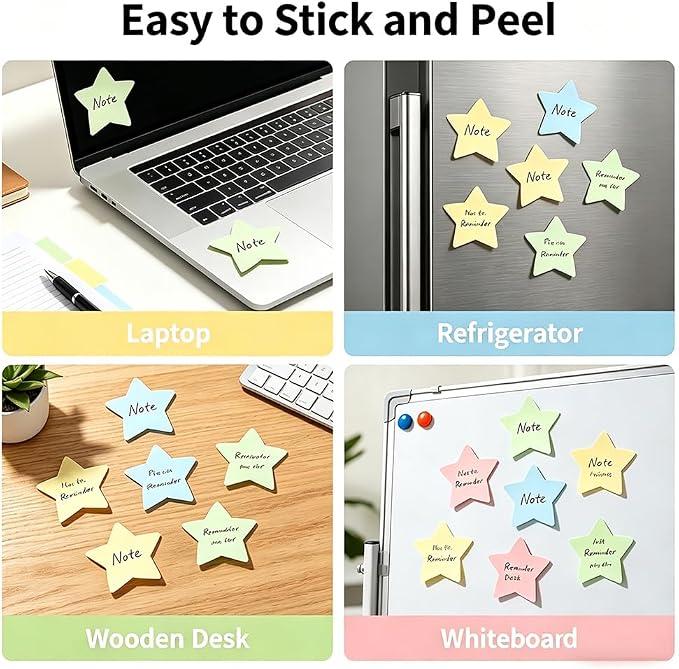 Sticky Notes, Cute Sticky Notes Star Shape Heart 8 Pads 8 Colors Self-Stick Stickies Funny Note Pads 100 Sheets Teacher Back to School Supplies and Oﬃce Products