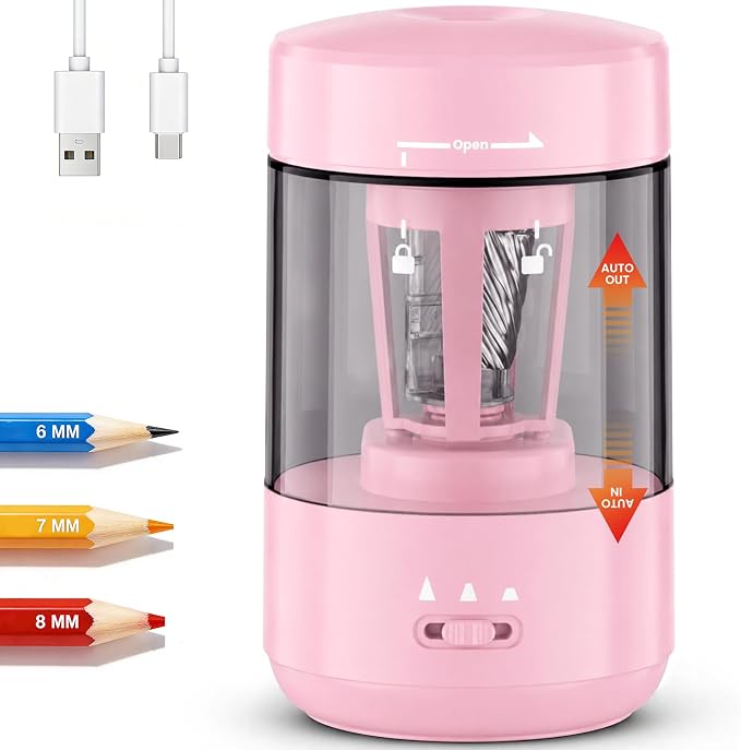 Electric Pencil Sharpener for Classroom, Fully Automatic Pencil Sharpener for 6-8mm Pencils & Colored Pencils, Auto in & Out Type-C Rechargeable Pencil Sharpeners for Home, School Light Pink