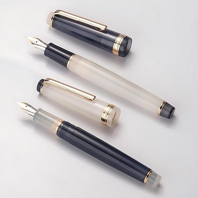 Jinhao 82 Clear Acrylic Fountain Pen 2-Pack, Fine Nib, Gray/Ivory White | Refillable Fountain Pens With Converter & Pouch. Sleek Clear Gray & Clear Ivory White design