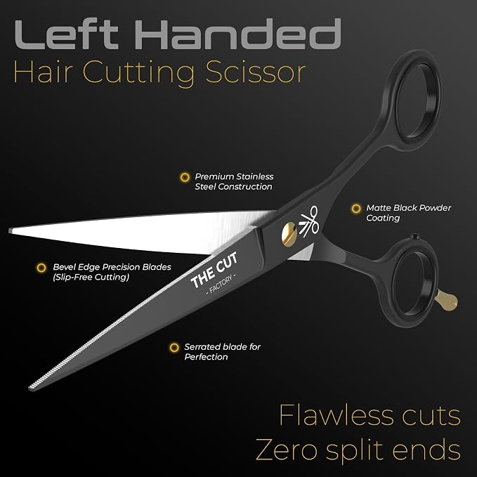 Left Handed Barber Scissors Professional 6 Inch - Serrated Edge Hair Cutting Shears for Lefties, Japanese Stainless Steel Salon Scissors for Men & Women, Includes Premium Leather Pouch & Gift Box