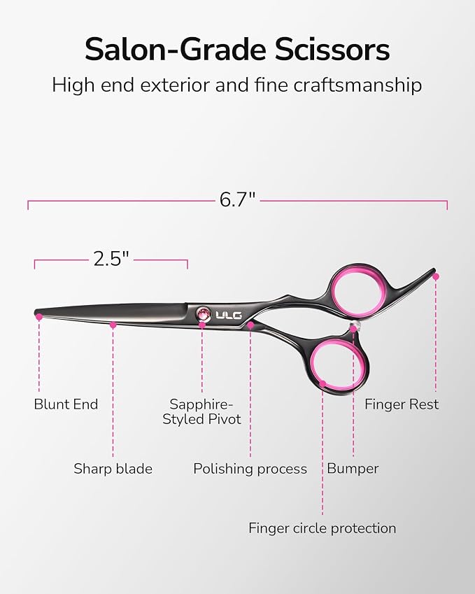 Hair Cutting Scissors, ULG Professional Hair Scissors 6.5 inch Right-Hand Razor Edge Barber Shears Salon Hair Cutting Shears Made of Japanese Stainless Steel, Hand Sharpened Black-Pink