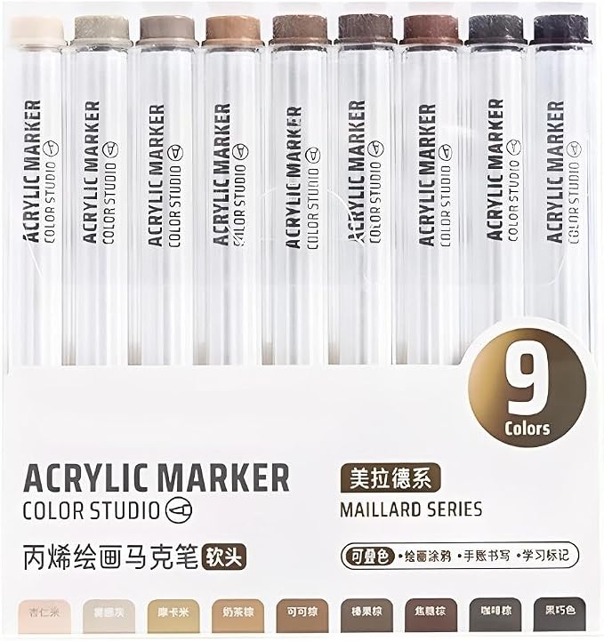 Brown Acrylic Paint Pen Markers, 9 Colors Soft Brush Tip Paint Pens for Wood Glass Eggs Rock Painting Canvas Stone Fabric DIY Crafts Making Art Supplies (Brown)