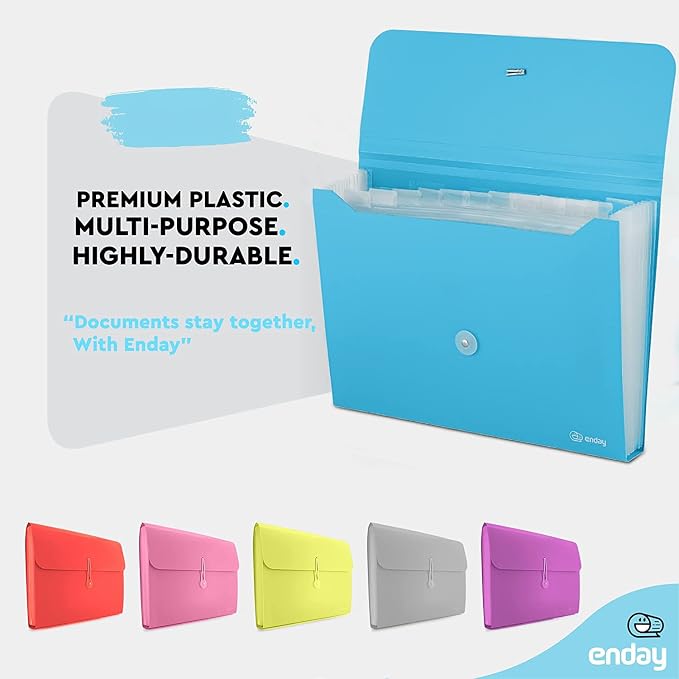 Accordion File Organizer, 13 Pocket Expanding File & Cover Folder with Labels, Plastic Portable Desktop Supplies Letter A4 Paper in Blue, Red, Green, Pink, Purple, Grey, Multicolor, (6 Pc) –By Enday
