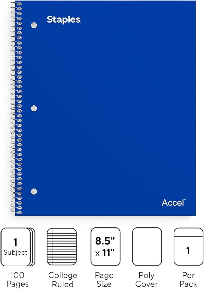 STAPLES Premium 1‑Subject Notebook, 8.5” x 11”, College Ruled, 100 Sheets, Blue, 3‑Pack