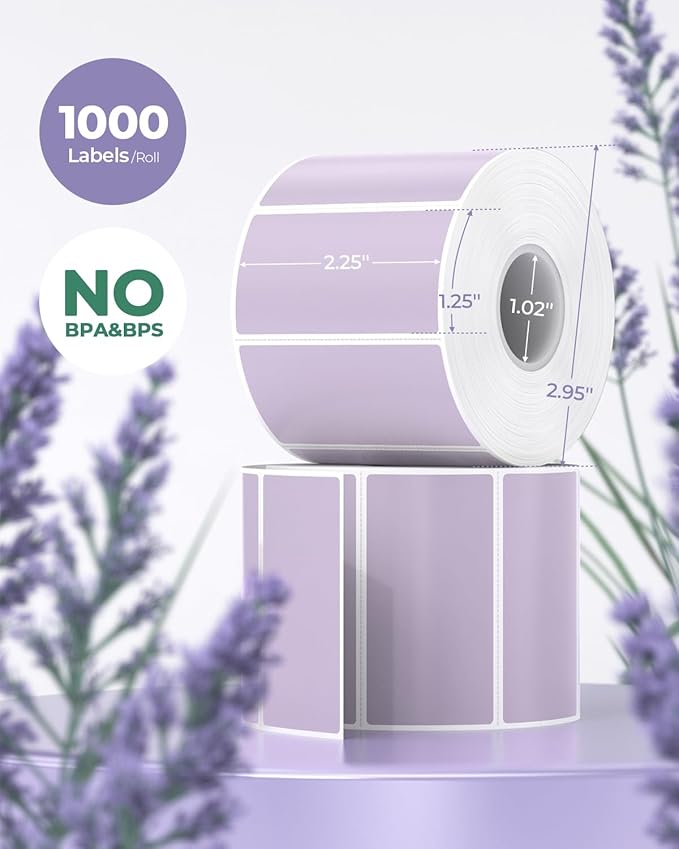 MUNBYN 2.25x1.25 Thermal Labels, 1000 Sheets/Roll, Purple | Strong Adhesive, Non BPA&BPS for Small Business, Shipping,Mailing, Bakery, Price Tag