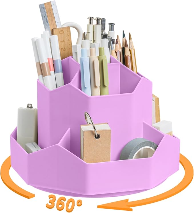 Pencil Pen Holder for Desk,9 Slots 360 Degree Rotating Desk Organizers,Desktop Storage Stationery Supplies Organizer, Cute Pencil Cup Pot For Office, School, Home(Purple)