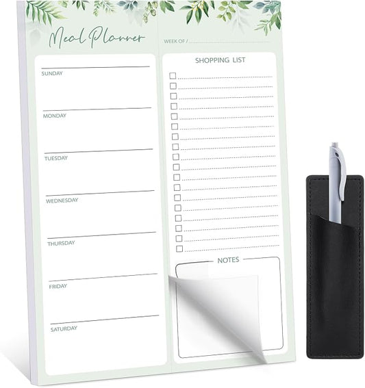 Thboxes 60 Sheets Magnetic Meal Planner for Fridge, Pen Holder, Green Leaf | Grocery List Pad, Undated Weekly Layout, Tear-Off Shopping List, 7 x 10 In, for Kitchen, Meal Prep, Families, Mums, Home