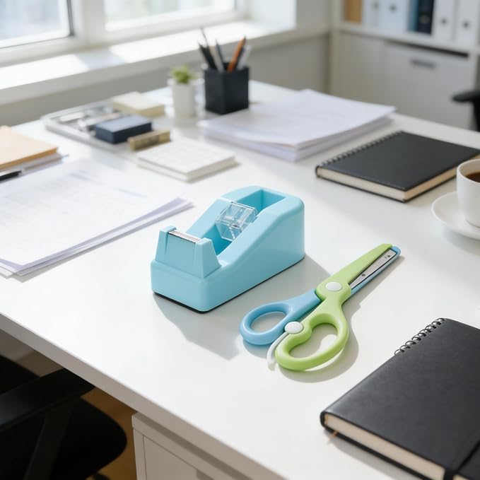 XEUZK Desktop Tape Dispenser Kits with Weighted Nonskid Base Tape Dispenser- Includes 9 Rolls of Transparent Tape(0.71 Inch x 500 inches Each) & Blue Scissors, 2 Pcs Tweezers (Lake Blue)