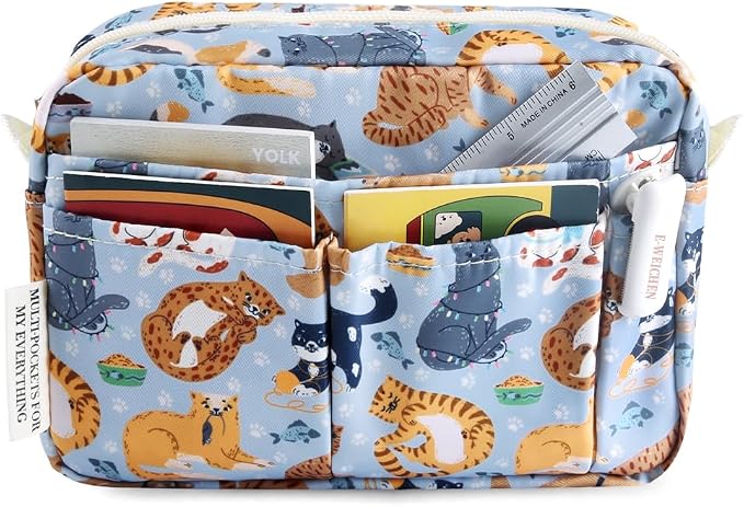E-WEICHEN Multiple Pockets Portfolio Organizer with Zippered, Makeup Bag Travel Essentials for Women, Simple Waterproof Stationery Pencil Pouch Bag for Journal Office Art Supplies.Blue Cat