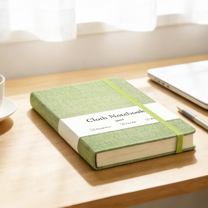 Linen Notebook, College Ruled, Hardcover, Lay Flat, B6, Small, 5x7, Thick, 100gsm, Green, Journal for Writing, Notebook for Work, Office