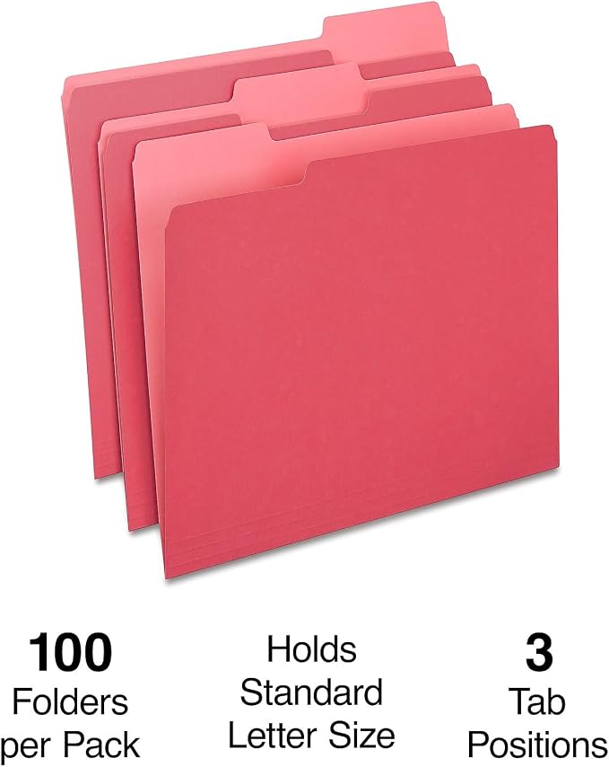 Staples File Folder, Letter Size, 1/3‑Cut Tab, Red, Durable Paper Stock, 200/Carton