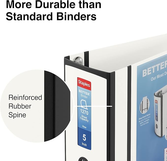 Staples Better Binder Heavy-Duty 5-Inch D-Ring View Binder, Reinforced Spine, Holds Up to 1,000 Sheets, White, for Office & Archiving