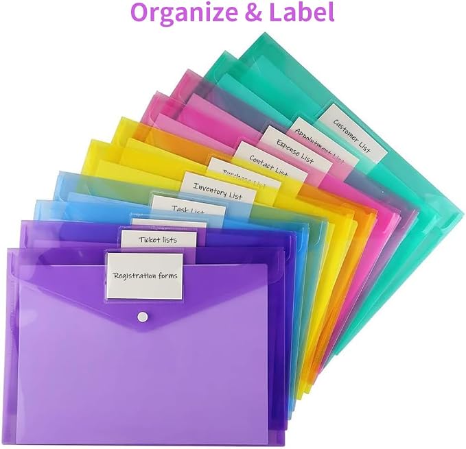 Sooez 12 Pack Folders Plastic Envelopes with Snap Closure, Clear Plastic File Folder for Document, Letter A4 Size Poly File Envelopes with Label Pocket for Home Work Office Organizer, 6 Colors