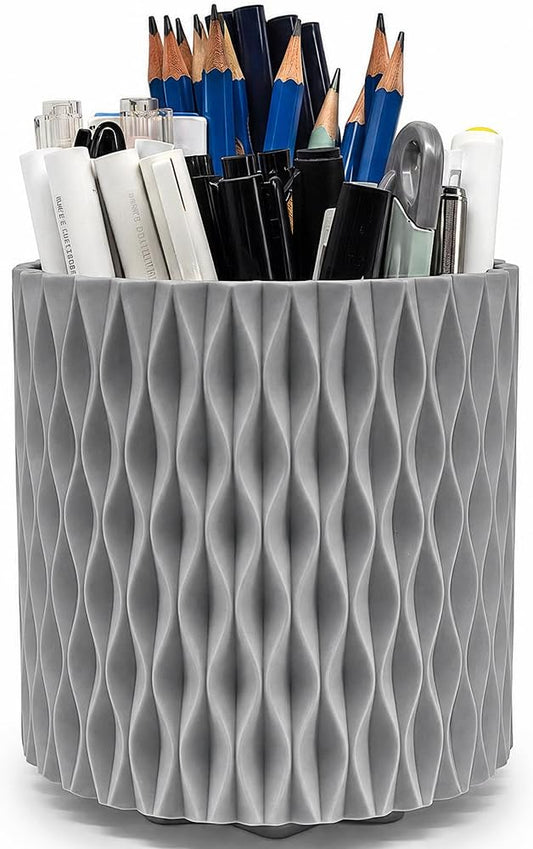 Lebenrich Rotating Pen Pencil Holder for Desk, 5 Slots Unique Grey Desk Pen Organizer Easthetic Desktop Supplies and Accessories for Women Girls, Pen Cup Pencil Caddy for Office Home Art Supply