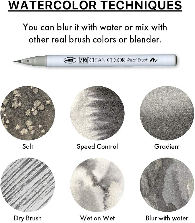 Kuretake ZIG Clean Color Real Brush Marker, Flexible Brush Tips, Watercolor Pens for Painting, Drawing, Calligraphy and Brush Lettering for Artists, Made in Japan (6 Cool Gray Colors set)
