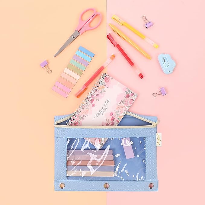 SKYDUE Pencil Pouch for 3 Ring Binder, Zipper Pencil Pouches for Girls Boys, Clear Window Pencil Bag, 3 Ring Pencil Pouch Case for Binder, Durable Organizer for School Supplies