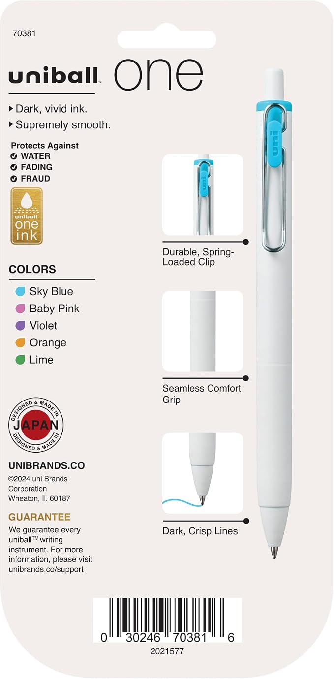 uniball™ one Gel Pens, Medium Point (0.7mm), Assorted Ink, 5 Pack | Ink stays on top of paper fibers for crisp vivid lines, wire pocket clip, color indicator top, smooth barrel & rubber grip