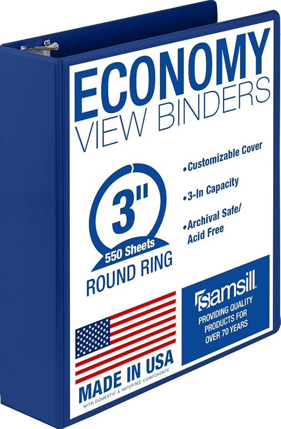 Samsill 3 Inch 3 Ring Binder, Economy Round Ring, Clear View Cover, 550 Sheet Capacity - for School, Home, Office -Dark Blue