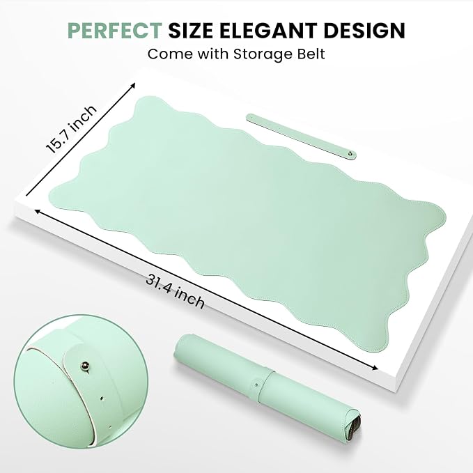 PU Leather Desk Pad, Scalloped Non-Slip Mouse Pad & Large Desk Mat Cover Stitched Edges Writing Pad for Office, Home - Waterproof, Easy to Clean, Durable Surface I 31.4"x15.7", Mint Green