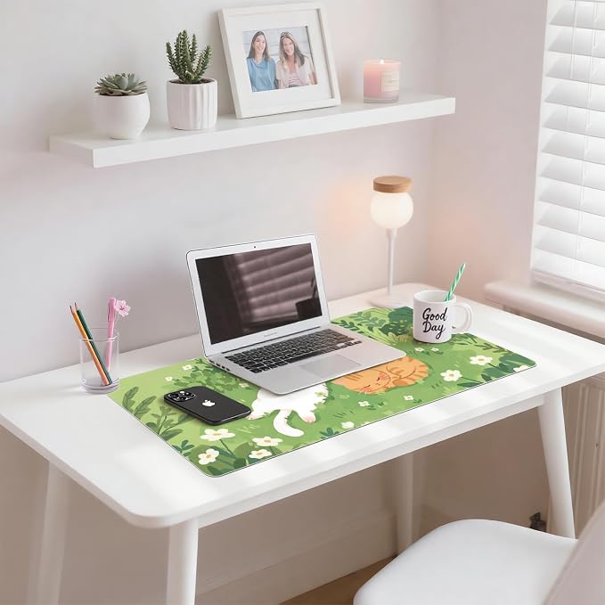 Cat Kitten Grassland Leather Desk Mat Extended Gaming Mouse Pad | Non-slip Large Writing Pad Laptop Blotter Computer Keyboard Mat | Cute Kawaii Desk Protector for Home Office 23.6" x 11.8"