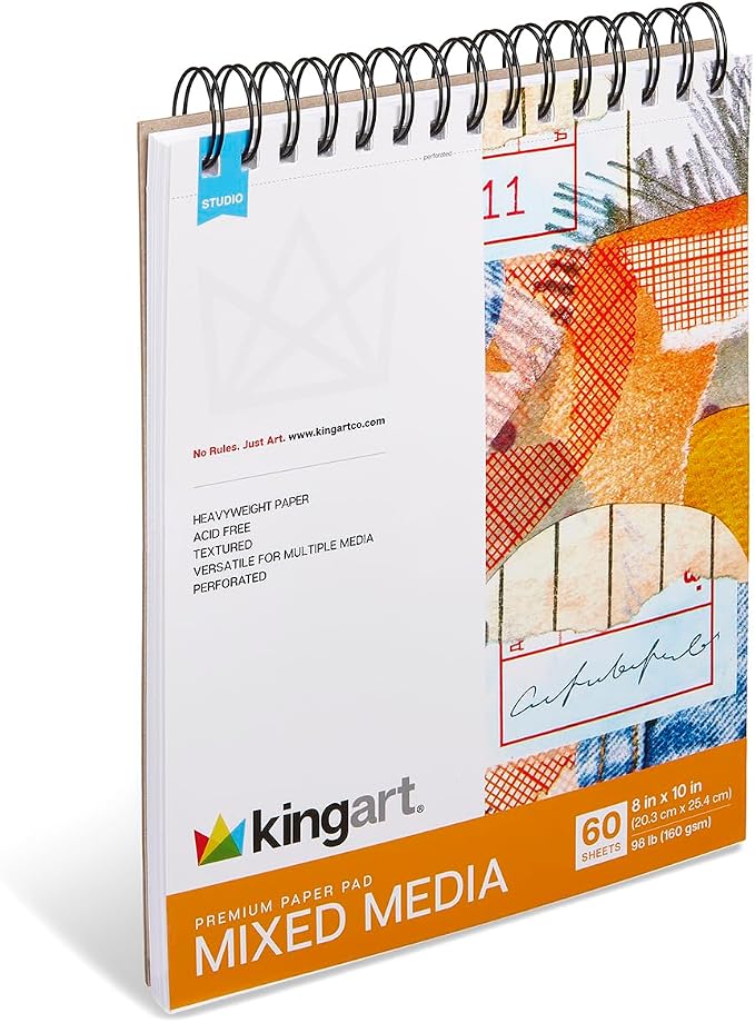 KINGART Mixed Media Sketchbook – 8x10 Inch, 1-Pack – 60 Sheets (98 lb / 160 GSM), Heavyweight Acid-Free Paper – Spiral-Bound Art Pad for Wet & Dry Media