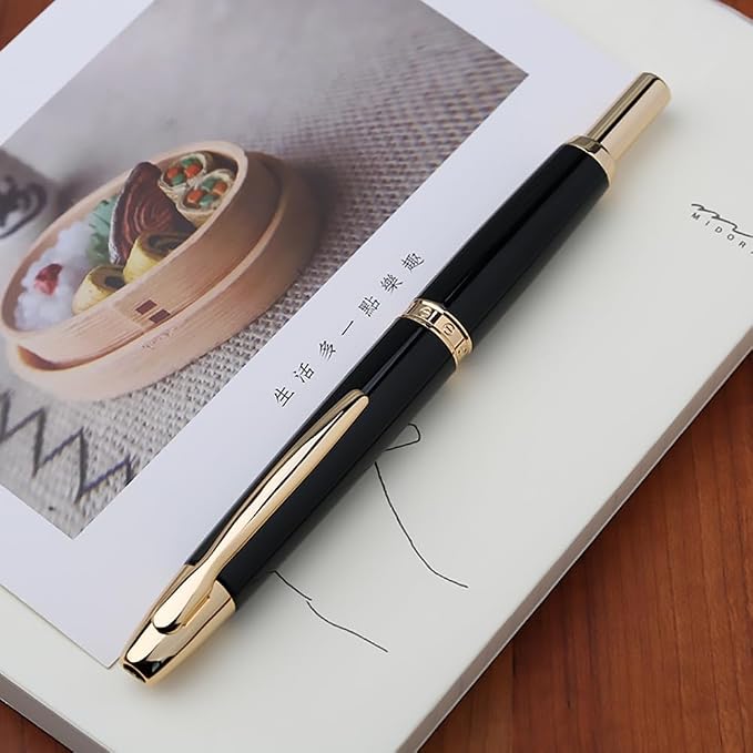 erofa Majohn A1 Press Fountain Pen Fine Nib with Box, Retractable Black Metal Ink Pen with Converter Writing Set (Golden Clip Version)
