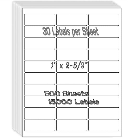 1" x 2-5/8" Shipping Address Labels 15000 Label Stickers Paper for Laser/Inkjet Printer 30 per Page Printable Mailing Labels - Matte, 500 Sheets