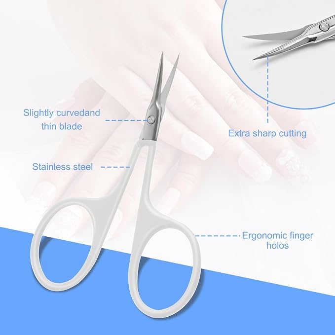 CGBE Cuticle Scissors, Extra Fine Curved Eyebrow Scissors, White | Stainless Steel, Round Handle, Precise Pointed Tip, Hangnail And Dry Skin Trimming, Russian Manicure Care