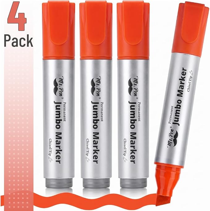 Mr. Pen- Jumbo Permanent Markers, 4 Pack, Orange, Chisel Tip, Wide Tip | Large, Thick Permanent Markers for Canvas, Posters Board, Fabric, Window, Glass, Wood, Waterproof, Quick Dry