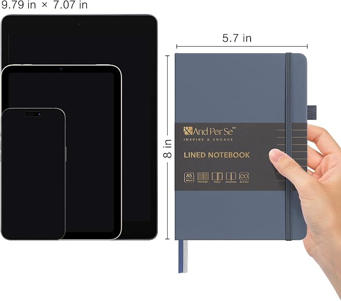 &And Per Se Lined Notebooks 3-Pack Gift Set, A5 Hardcover Journals, 160 Pages 100gsm Thick Paper, Journaling Notebook for Office, School (Dark Blue)