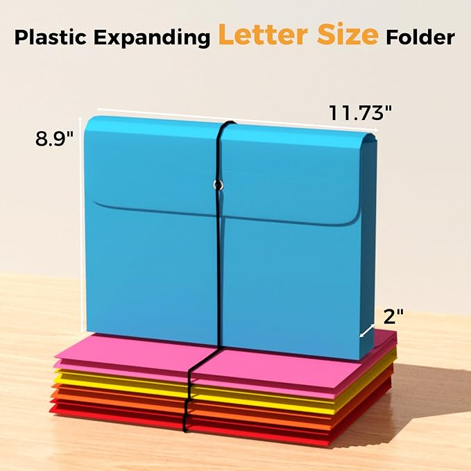 Ansook Plastic File Jackets, Expandable File Folders Letter Size with 2" Expansion, File Folder Organizer with Flap & String Tie, 12 Pack Poly Pocket File Folders for Office School Home – 12 Colors