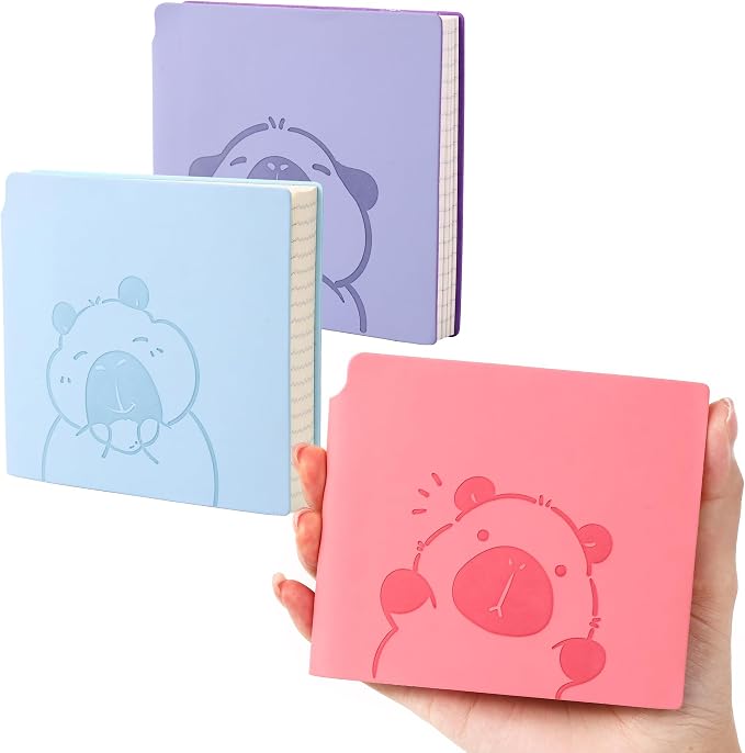 BOBO RABBIT 3 Pack Mini lined Notebooks Pocket Size Journal Total 600 Pages Small Softcover Leather Cartoon Capybara Cute Journal for Travelers Student Note Taking Writing Lay Flat, 3.9"x3.9" Inner(Mini Square)