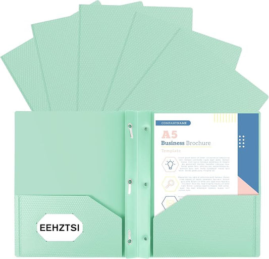 6-Pack Plastic andPockets and Prongs,2-Pocket and3 Fasteners, Pastel Folders Holds 8-1/2" x 11" Paper for School/Office/Home, Green