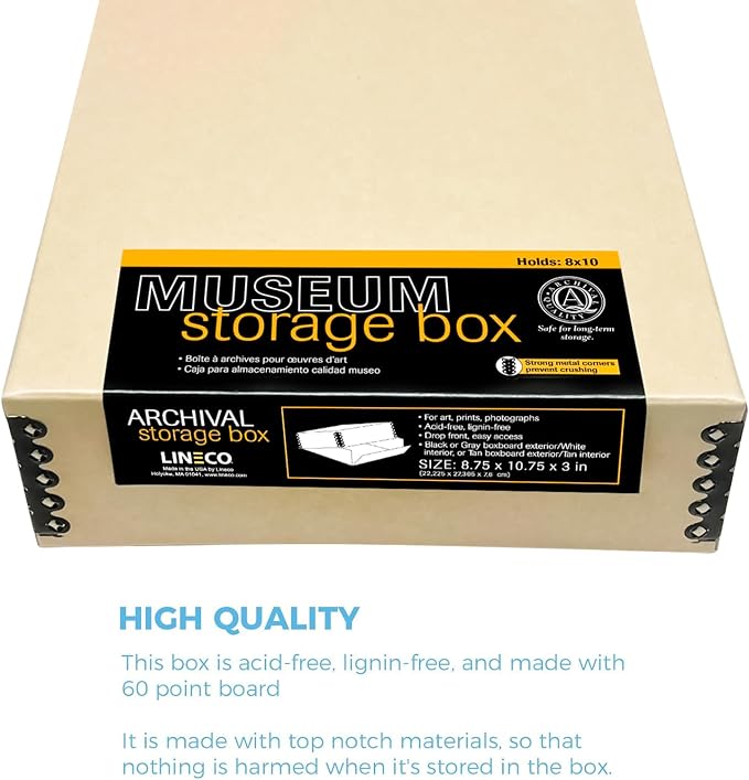 Lineco Museum Archival Storage Box, Drop Front, 8.75x10.75x3 in, Tan | Acid-Free with Metal Edge, Preserves Picture Longevity, Organize Photos, Newspapers, Prints, Documents, Crafts, DIY