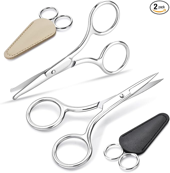 2Pcs Facial Hair Small Grooming Scissors For Men & Women - Eyebrow, Nose Hair, Mustache, Beard, Eyelashes, Ear Hair Trimming Kit, Pointed Scissors and Round Scissors, Travel Friendly Mini Scissors Set