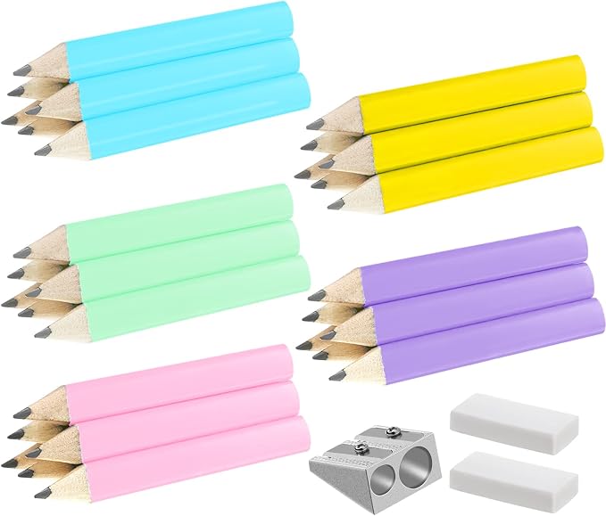 Marspark 30 Pcs Short Triangular Fat Pencils Bulk First Day of School 3.5 Inch Wooden Jumbo Pencils with Sharpener and 2 Erasers for Preschoolers, Kindergarten, Toddlers, Beginners(Bright Colors)