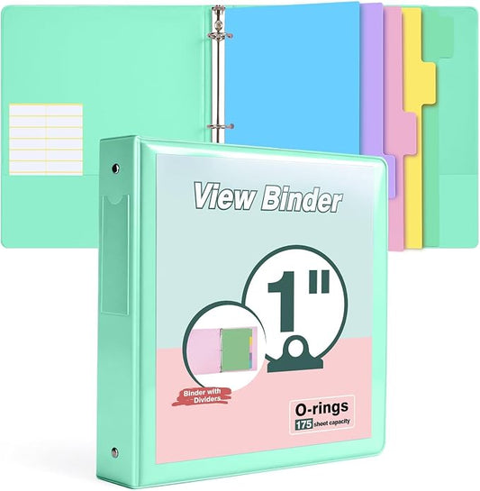 3 Ring Binder 1 inch，Cute Binder Organizer with 5 Tab Dividers Fits 175 Sheets of 8.5x11 Paper, Customizable Clear Cover with Inside Pockets, Aesthetic 1" Three Ring Binders for School Office，Green