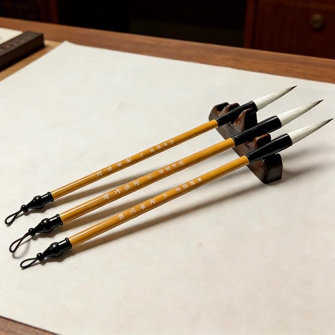 3 Sizes Chinese Calligraphy Brush Set, Chinese Writing Brushes, Wooden Ink Watercolor Painting Brushes Traditional Art Sumi Brush Goat and Wolf Hair (Large, Medium, Small)
