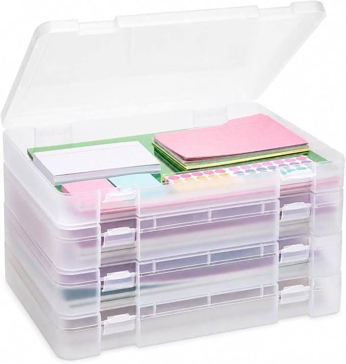 CraftGenes 4 Pack Scrapbook Paper Storage Boxes for Letter and A4 Paper | 1.8 in deep stackable cases fit 8.5 x 11 and A4 paper, with secure snap latches, translucent bodies and labels included