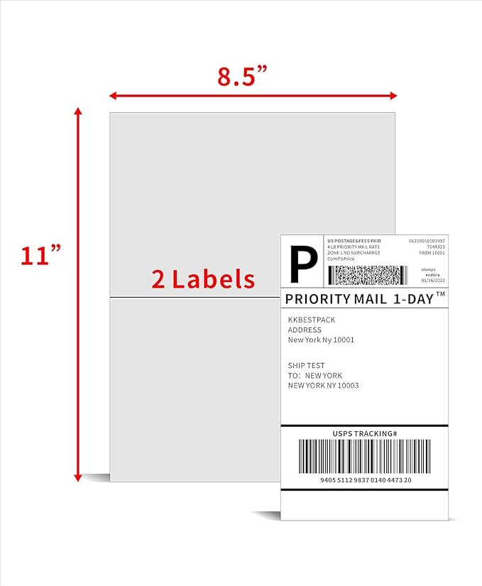 KKBESTPACK Half Sheet Shipping Labels for Laser and Inkjet Printers – 2 Per Page Self Adhesive Mailing Labels – White 8.5 x 5.5 (50 Labels)
