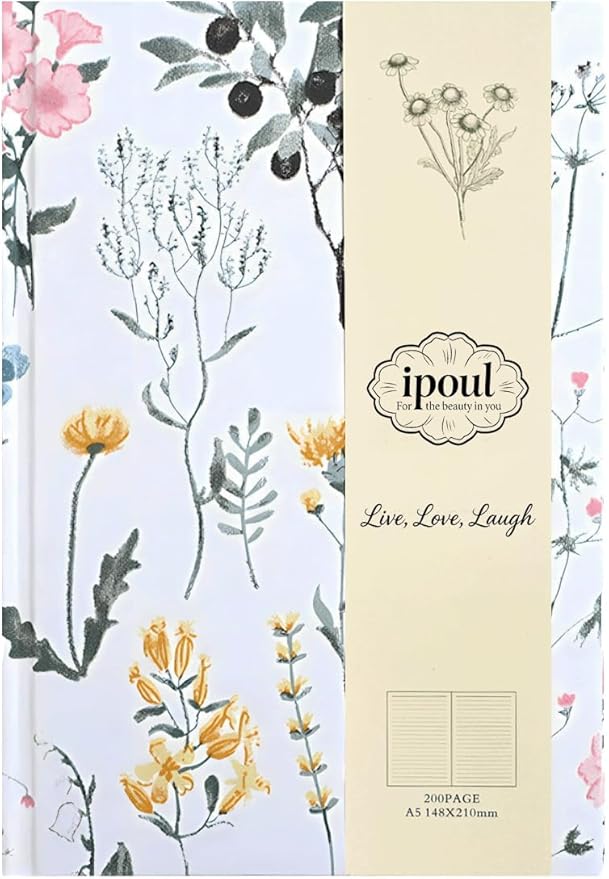 Floral Journal for women, Floret Hardcover Notebook, A5, 6x8, Medium Ruled Notebook, Lay-flat, Linen Journal, Notebooks for School, Writing Journal, Reading Journal, Garden Journal, White