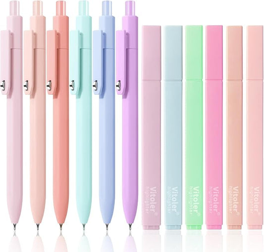 Piochoo Highlighters and Gel Pens,6Pcs Pastel Colors Bible Highlighters and 6Pcs Black Ink Pens for Journaling Planner Notes School Supplies