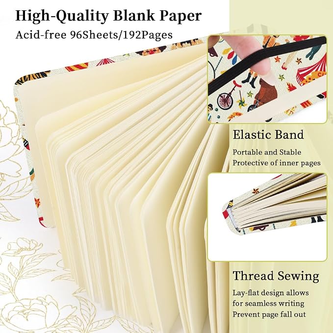 4.8" Square Pocket Sketch Book,Hardcover Art Sketchbook for Drawing Journal | Cloth Cover,80gsm Blank Paper,96Sheets,Lay-Flat,Portable Travel Creation Paint Diary Memo Planner,Dry Media.Circus Troup