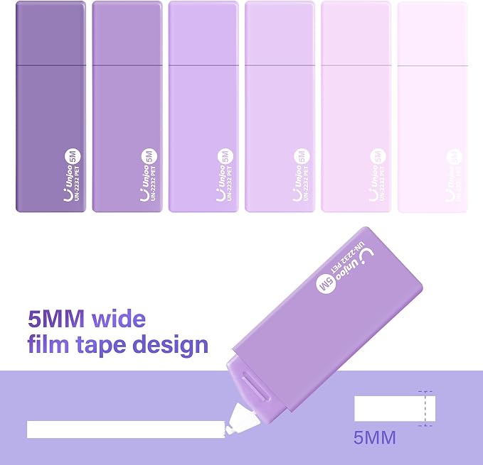 Unjoo Mini White Correction Tape Set (12pack, 5M/196" x 0.2", Purple) | Aesthetic Cute Correction Tape, Easy To Use, For school, Office Workers