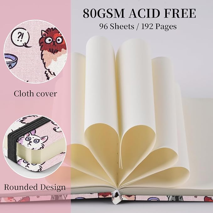 4.8" Square Pocket Sketch Book,Hardcover Art Sketchbook for Drawing Journal | Cloth Cover,80gsm Blank Paper,96Sheets,Lay-Flat,Portable Travel Creation Paint Diary Memo Planner,Dry Media.Pink Cat