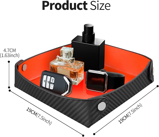 Leather Carbon Fiber Desktop Storage Tray, Decorative Catchall Organizer for Keys, Wallet, Watch, Jewelry, Entryway Table