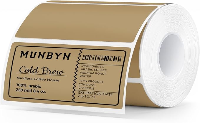 MUNBYN 4x2 Thermal Labels, 500 Sheets/1 Roll, Brown | Strong Adhesive & Perforated, Non BPA&BPS for Small Business, Barcode, Bakery, Inventory, Price Tag
